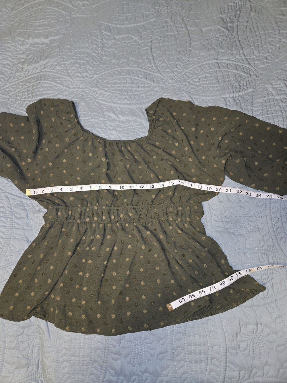 Women's Olive Green Peasant Blouse with Dotted Texture Boho - Picture 7 of 10